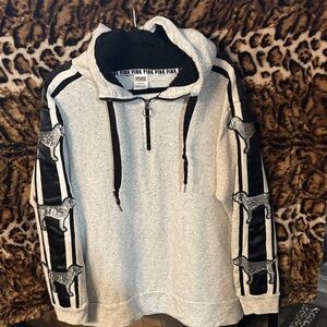 PINK Victoria's Secret Light Gray Zip-Up Hoodie  with Black and Silver Details